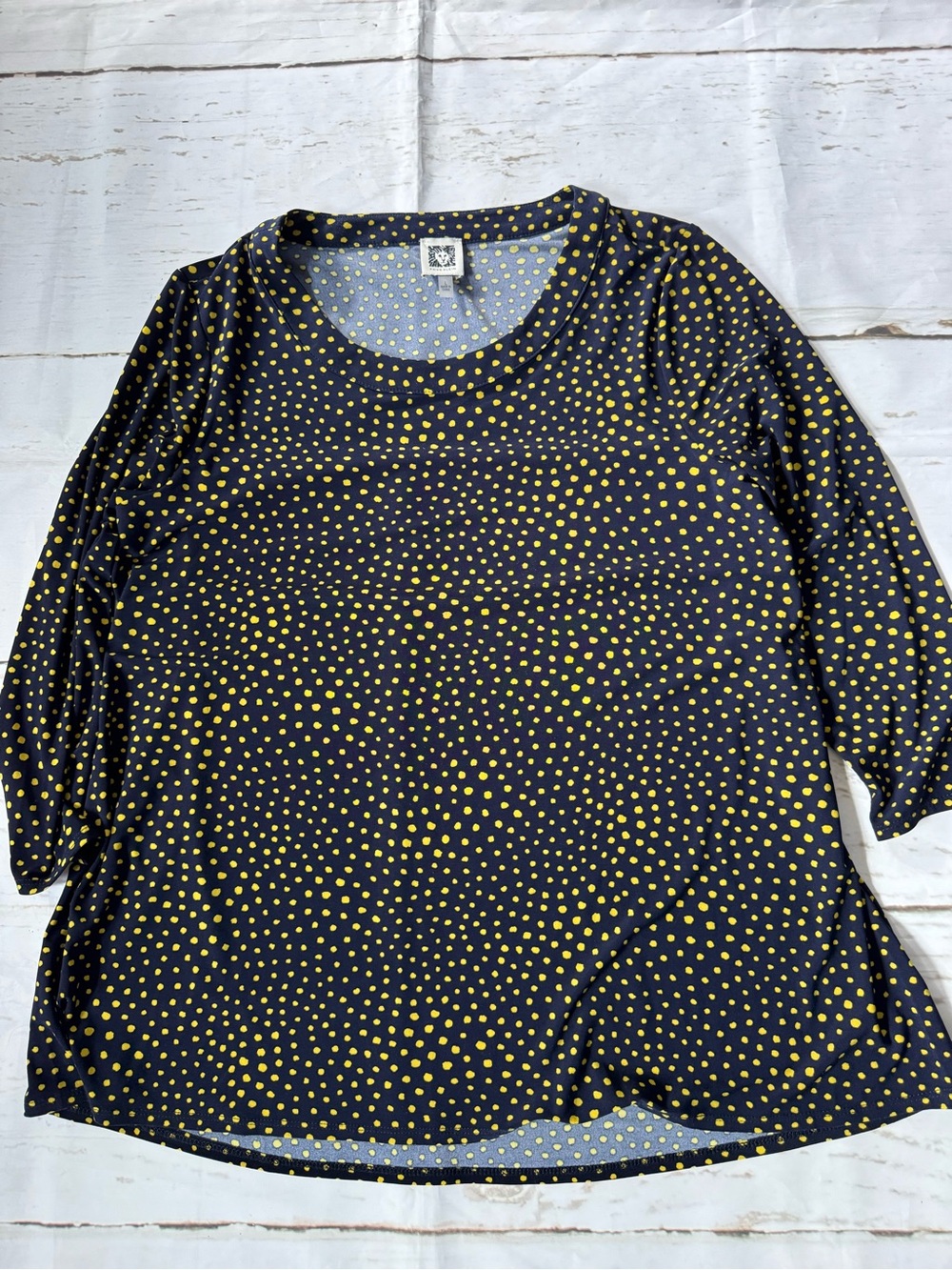 Anne Klein Black Long Sleeve Scoop Neck Top with Yellow Polka Dots